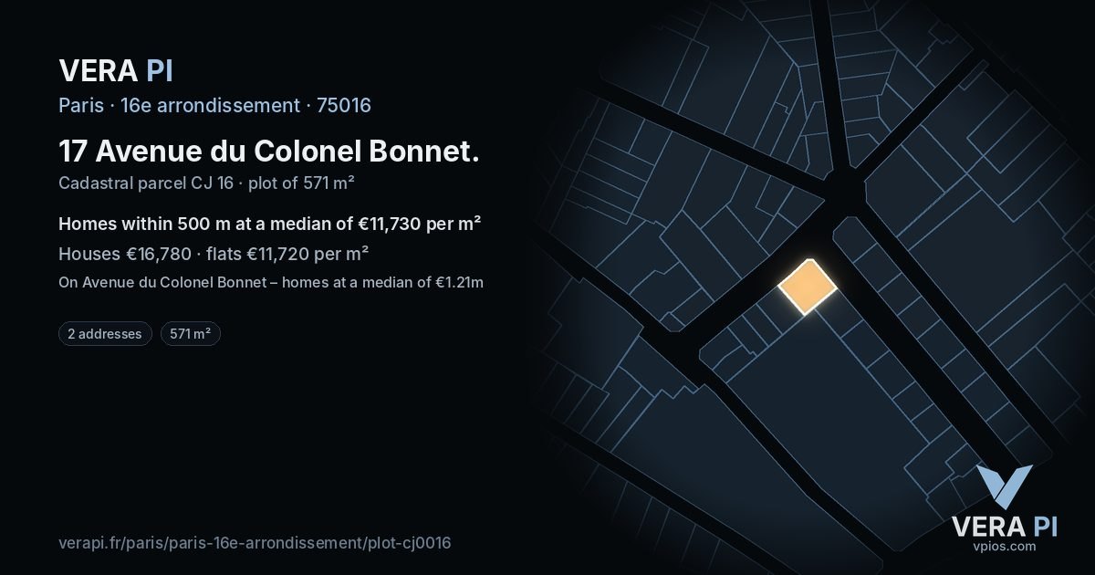 17 Avenue du Colonel Bonnet, 16e arrondissement at night – the plot lit, the parcels around coloured by the prices near them