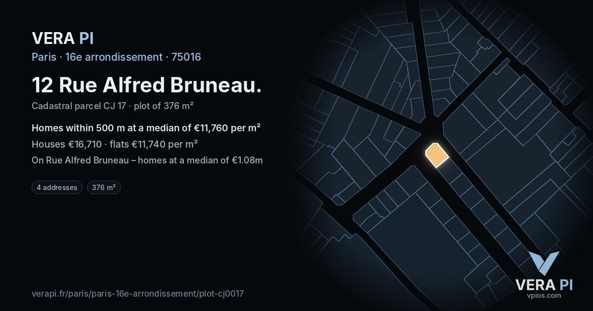 12 Rue Alfred Bruneau, 16e arrondissement at night – the plot lit, the parcels around coloured by the prices near them