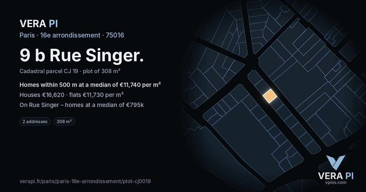 9 b Rue Singer, 16e arrondissement at night – the plot lit, the parcels around coloured by the prices near them