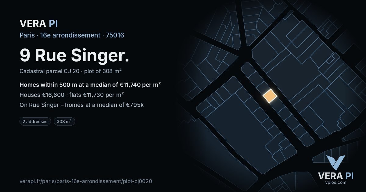 9 Rue Singer, 16e arrondissement at night – the plot lit, the parcels around coloured by the prices near them