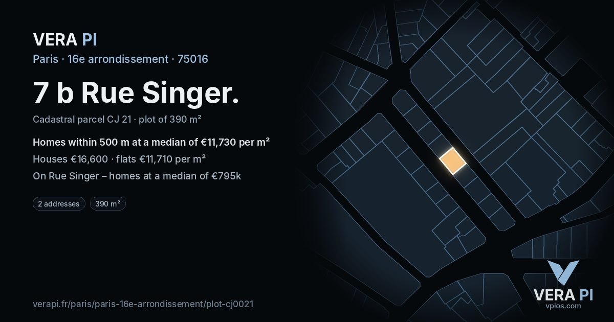 7 b Rue Singer, 16e arrondissement at night – the plot lit, the parcels around coloured by the prices near them