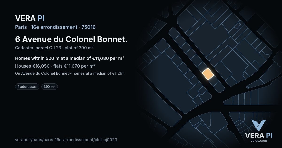 6 Avenue du Colonel Bonnet, 16e arrondissement at night – the plot lit, the parcels around coloured by the prices near them