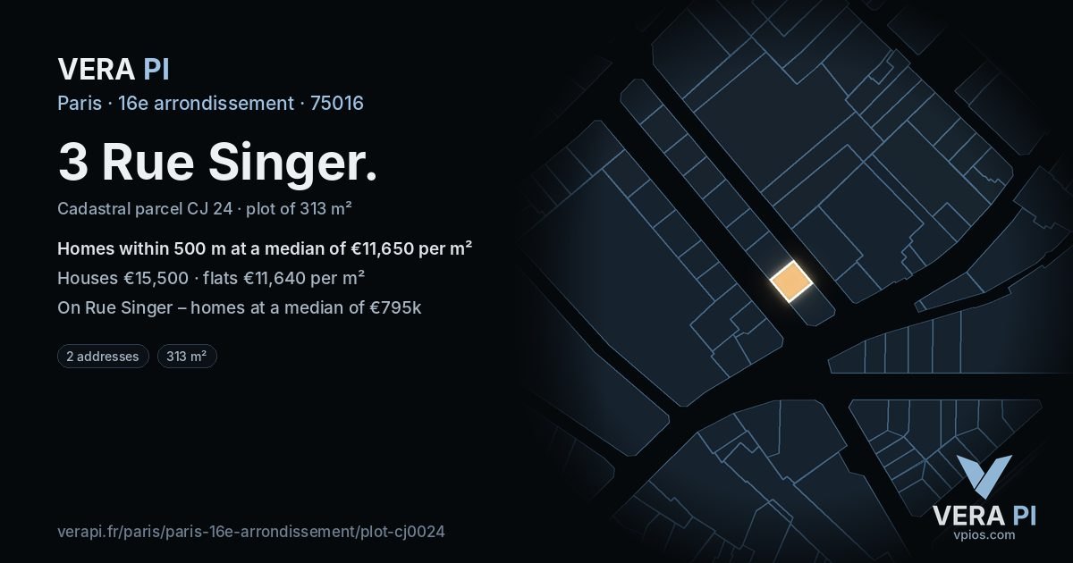 3 Rue Singer, 16e arrondissement at night – the plot lit, the parcels around coloured by the prices near them