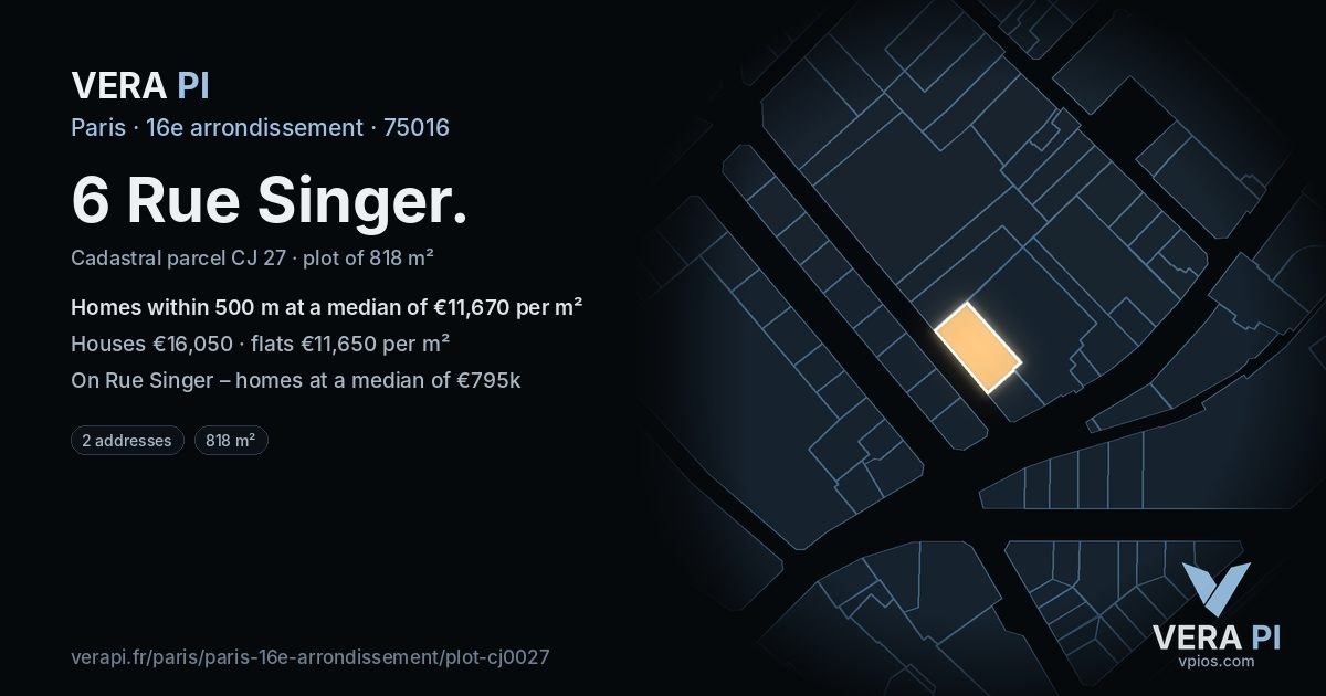 6 Rue Singer, 16e arrondissement at night – the plot lit, the parcels around coloured by the prices near them
