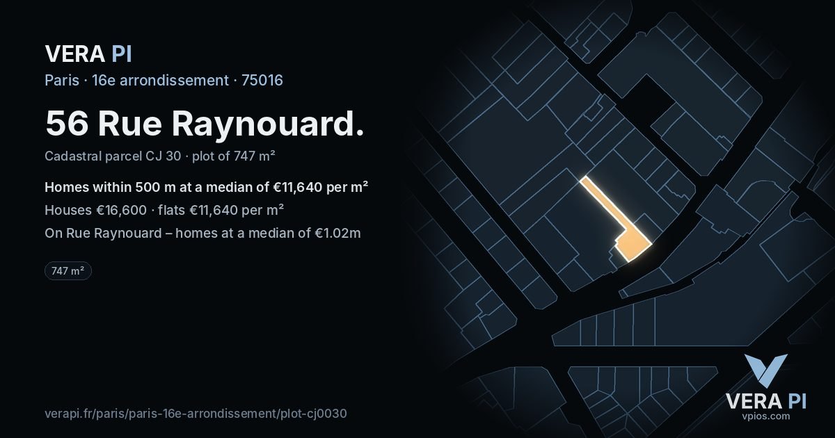 56 Rue Raynouard, 16e arrondissement at night – the plot lit, the parcels around coloured by the prices near them