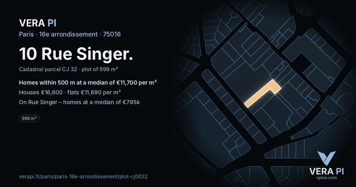 10 Rue Singer, 16e arrondissement at night – the plot lit, the parcels around coloured by the prices near them
