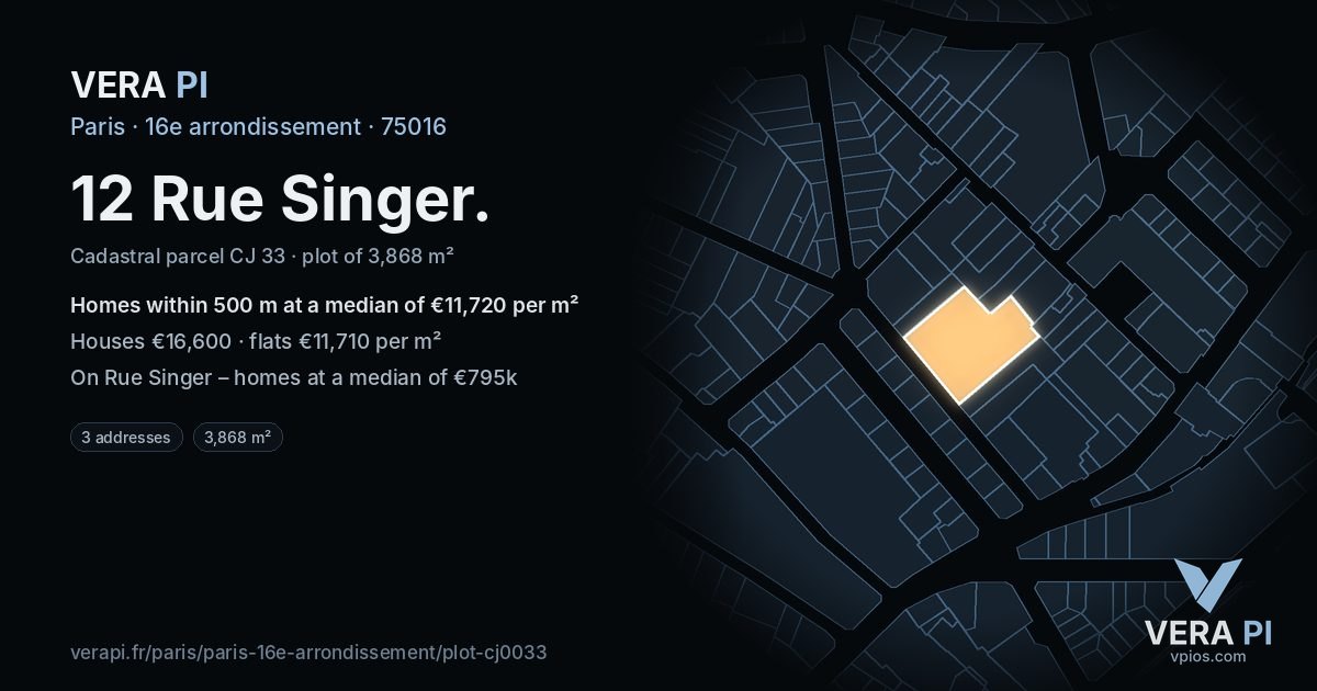 12 Rue Singer, 16e arrondissement at night – the plot lit, the parcels around coloured by the prices near them