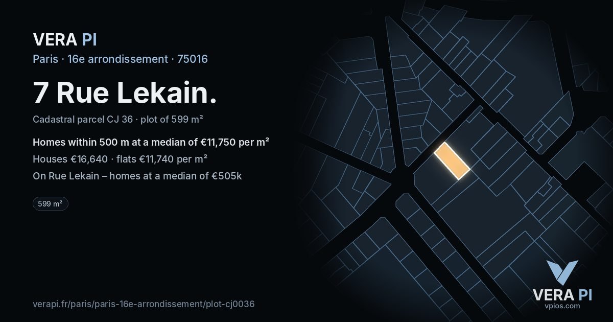 7 Rue Lekain, 16e arrondissement at night – the plot lit, the parcels around coloured by the prices near them