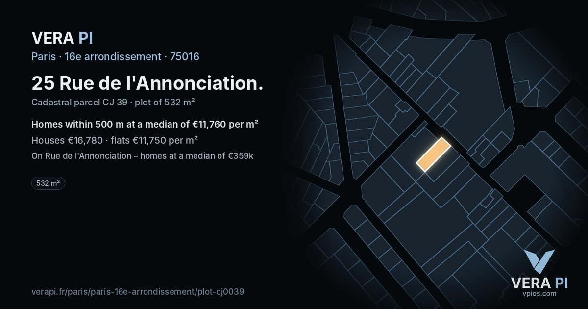 25 Rue de l'Annonciation, 16e arrondissement at night – the plot lit, the parcels around coloured by the prices near them