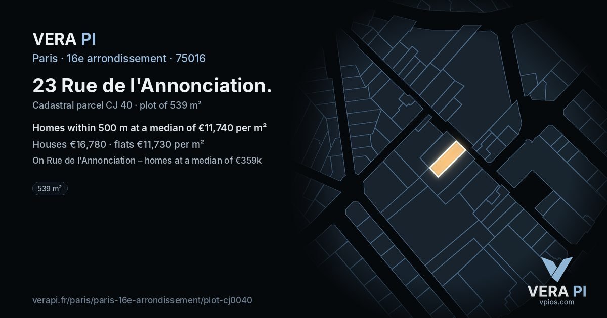 23 Rue de l'Annonciation, 16e arrondissement at night – the plot lit, the parcels around coloured by the prices near them