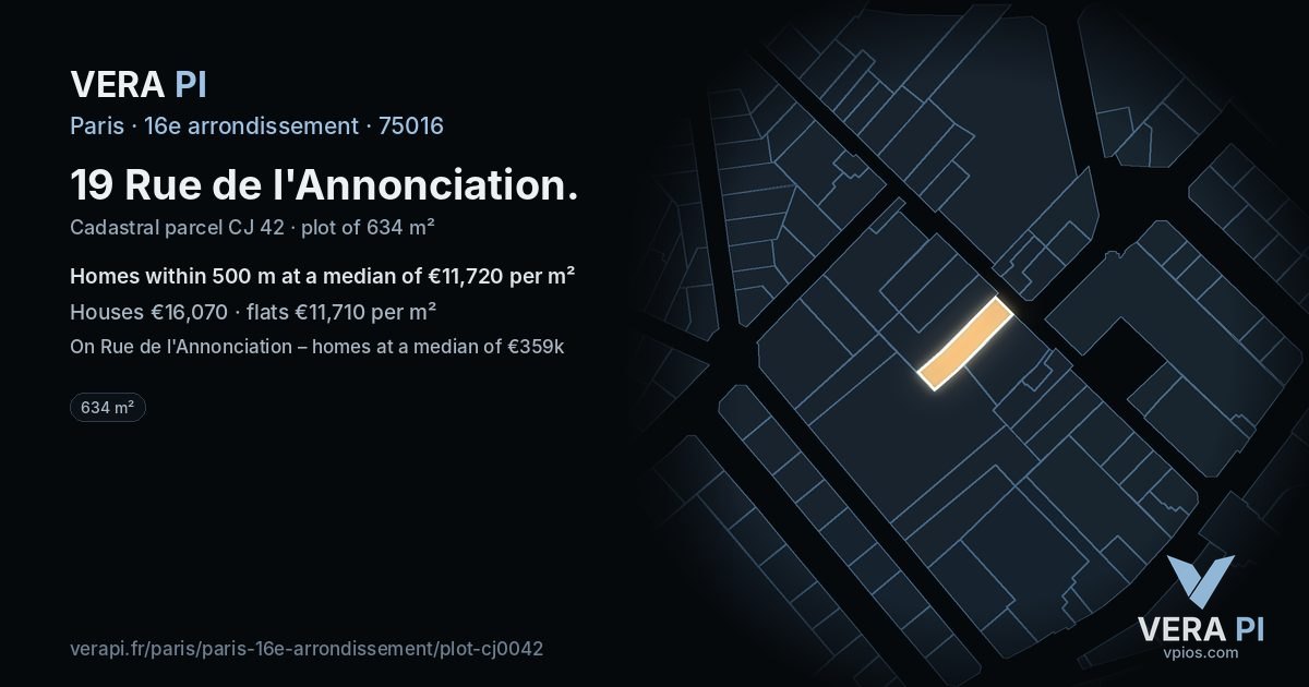 19 Rue de l'Annonciation, 16e arrondissement at night – the plot lit, the parcels around coloured by the prices near them