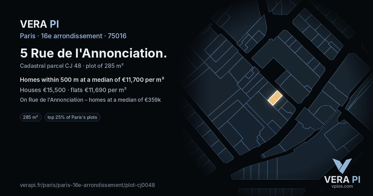 5 Rue de l'Annonciation, 16e arrondissement at night – the plot lit, the parcels around coloured by the prices near them