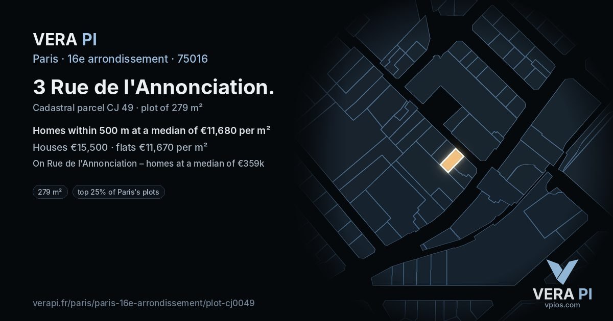 3 Rue de l'Annonciation, 16e arrondissement at night – the plot lit, the parcels around coloured by the prices near them