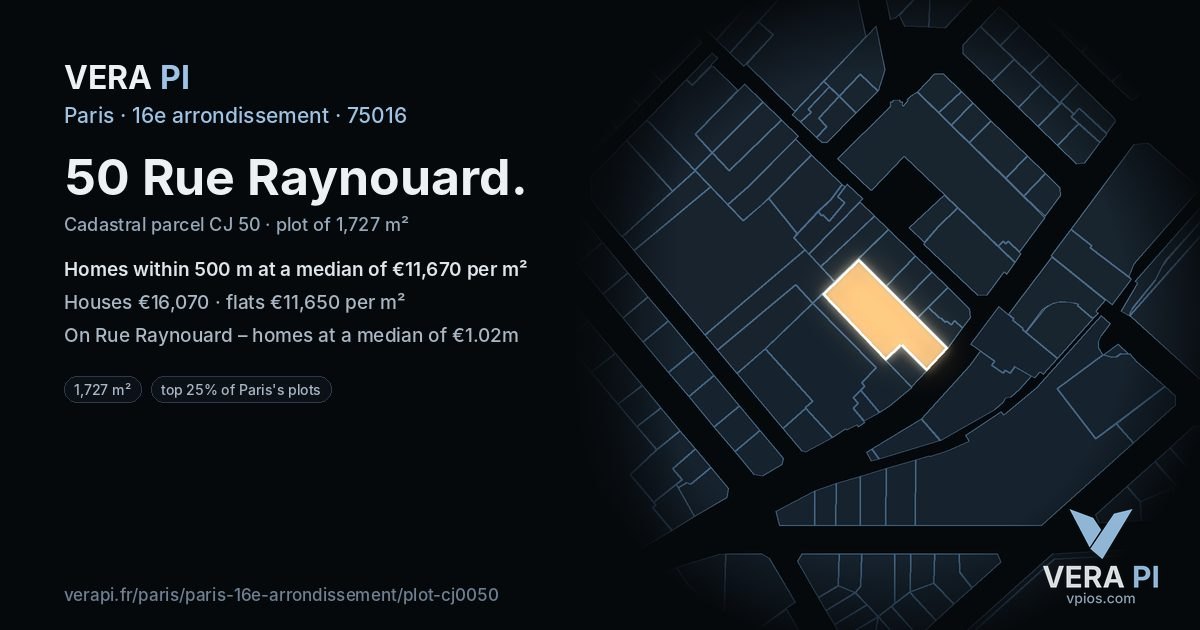 50 Rue Raynouard, 16e arrondissement at night – the plot lit, the parcels around coloured by the prices near them