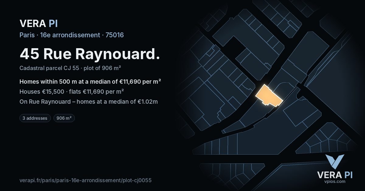 45 Rue Raynouard, 16e arrondissement at night – the plot lit, the parcels around coloured by the prices near them