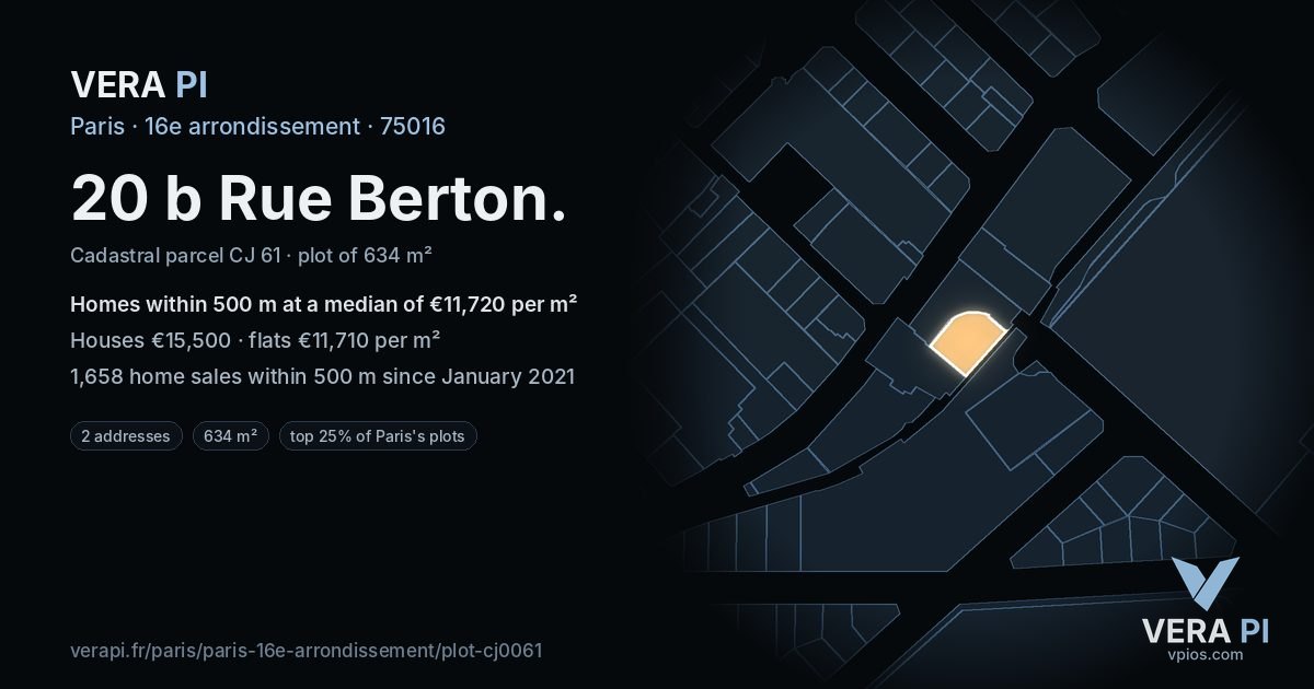 20 b Rue Berton, 16e arrondissement at night – the plot lit, the parcels around coloured by the prices near them