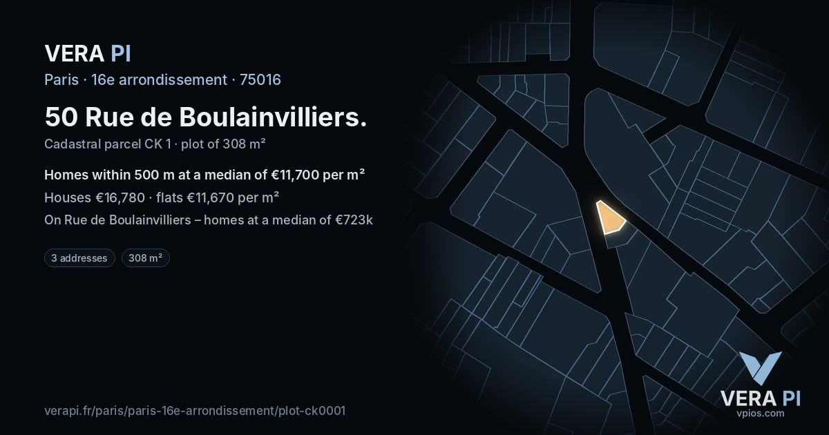 50 Rue de Boulainvilliers, 16e arrondissement at night – the plot lit, the parcels around coloured by the prices near them