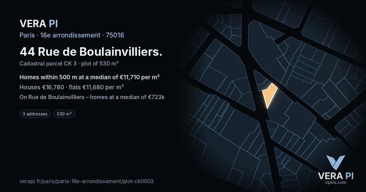 44 Rue de Boulainvilliers, 16e arrondissement at night – the plot lit, the parcels around coloured by the prices near them