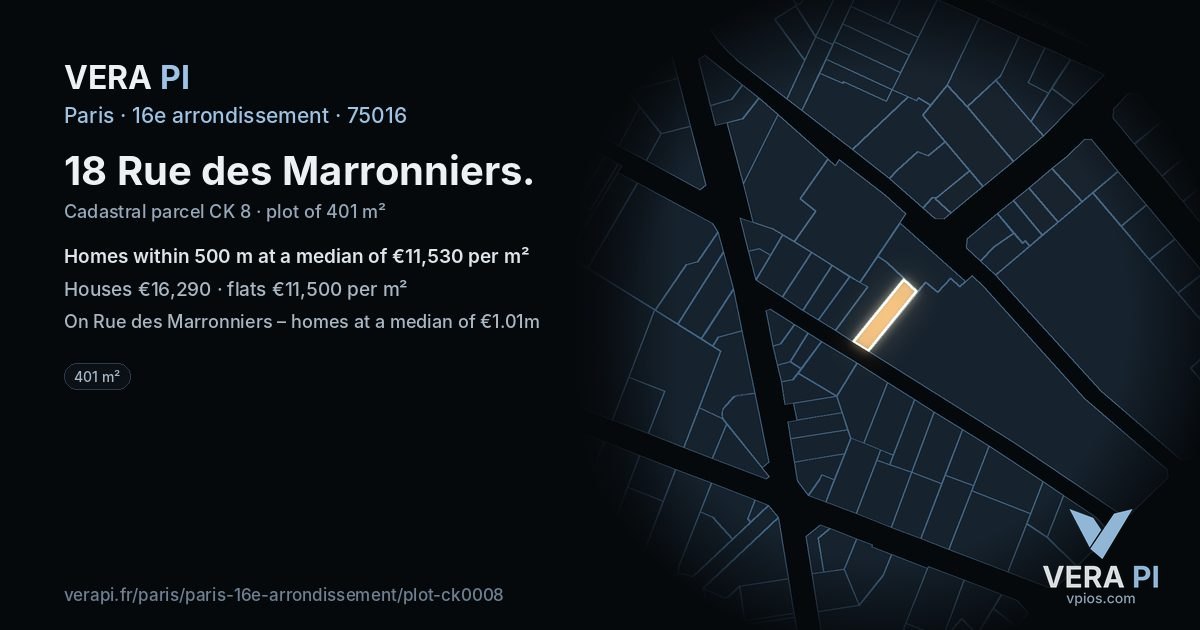 18 Rue des Marronniers, 16e arrondissement at night – the plot lit, the parcels around coloured by the prices near them