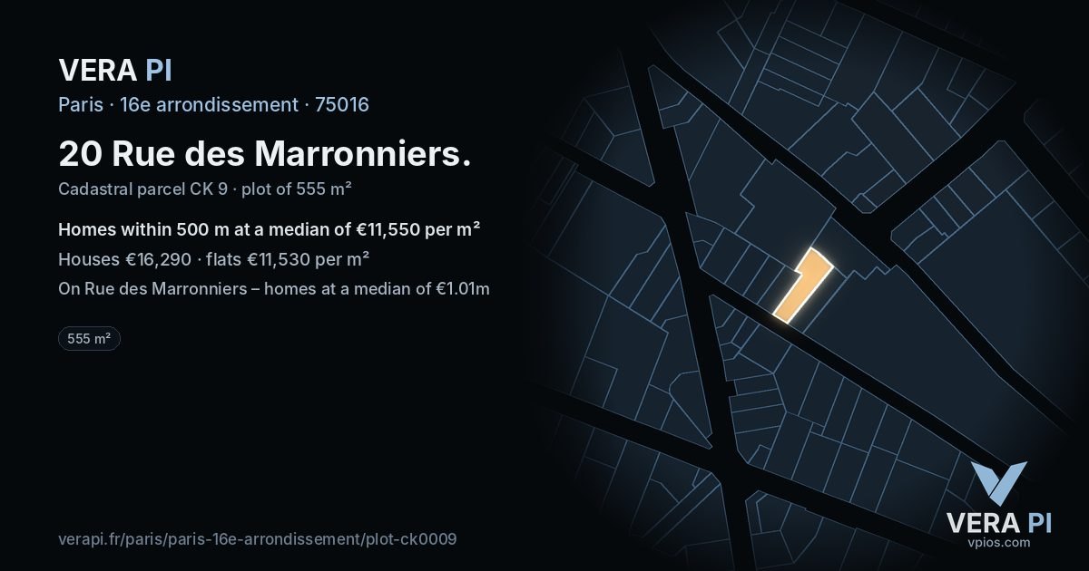 20 Rue des Marronniers, 16e arrondissement at night – the plot lit, the parcels around coloured by the prices near them