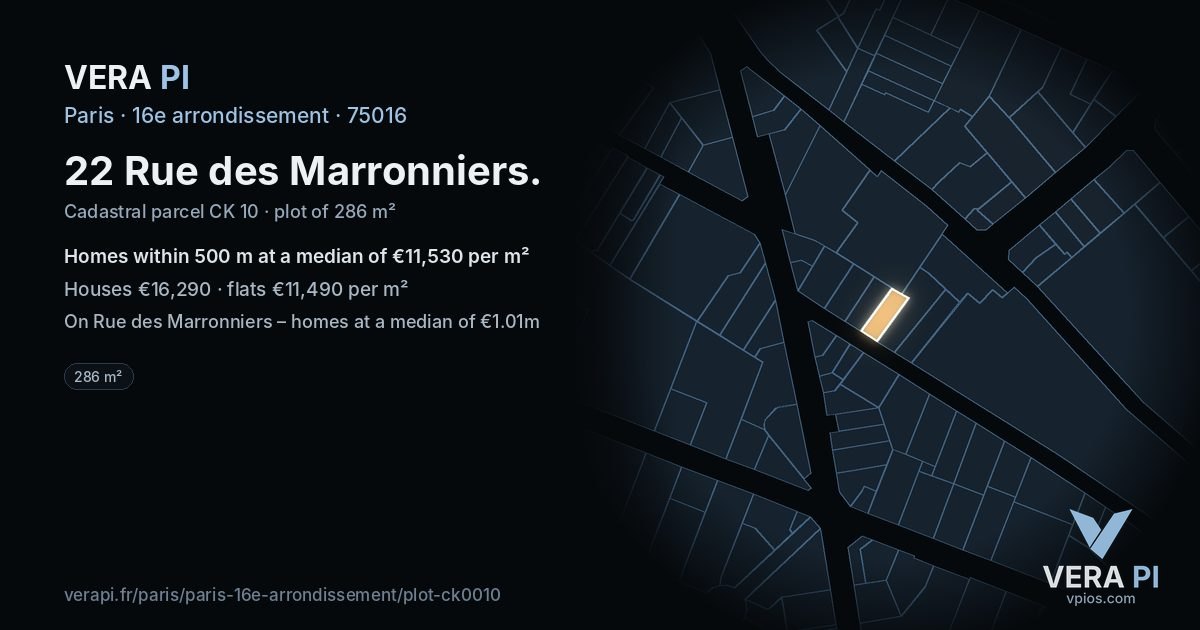 22 Rue des Marronniers, 16e arrondissement at night – the plot lit, the parcels around coloured by the prices near them