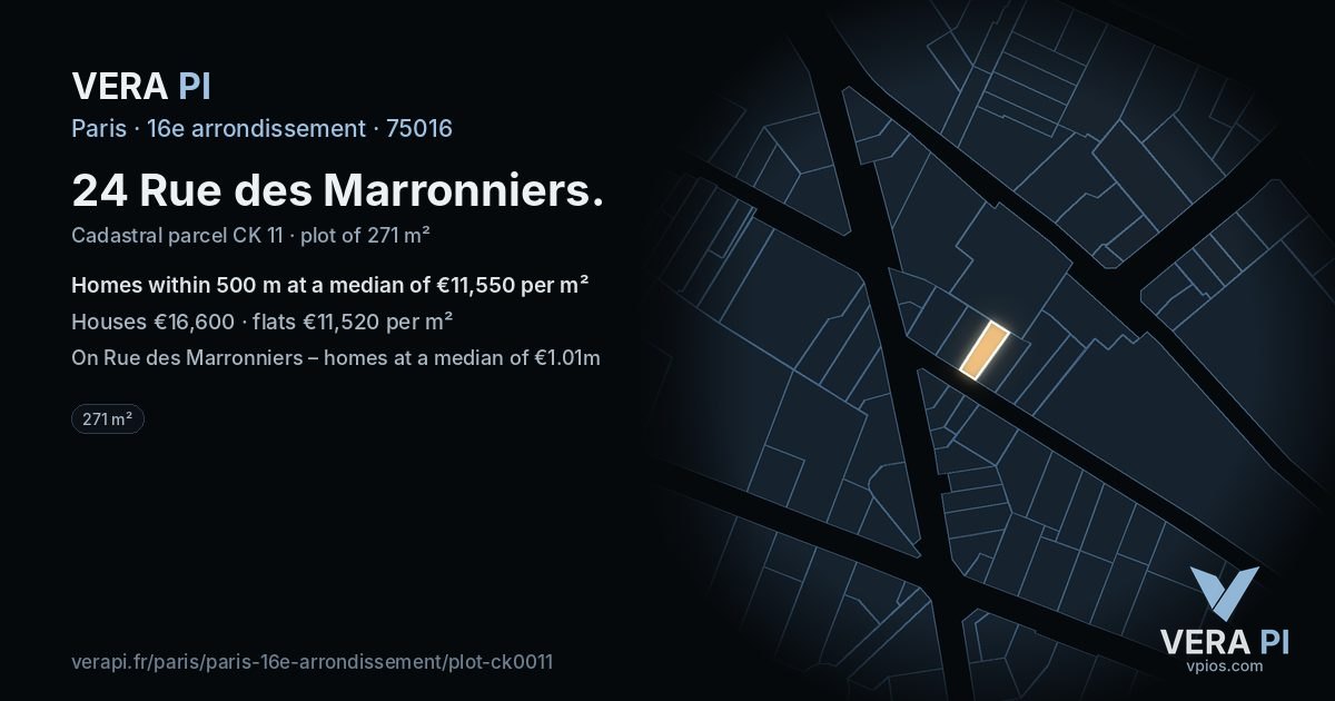 24 Rue des Marronniers, 16e arrondissement at night – the plot lit, the parcels around coloured by the prices near them