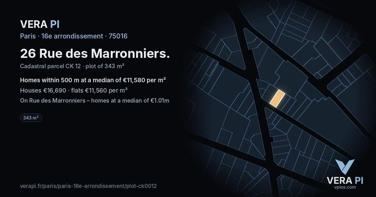 26 Rue des Marronniers, 16e arrondissement at night – the plot lit, the parcels around coloured by the prices near them