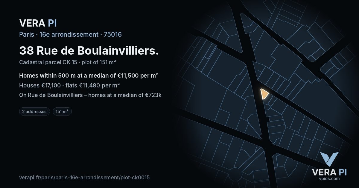 38 Rue de Boulainvilliers, 16e arrondissement at night – the plot lit, the parcels around coloured by the prices near them