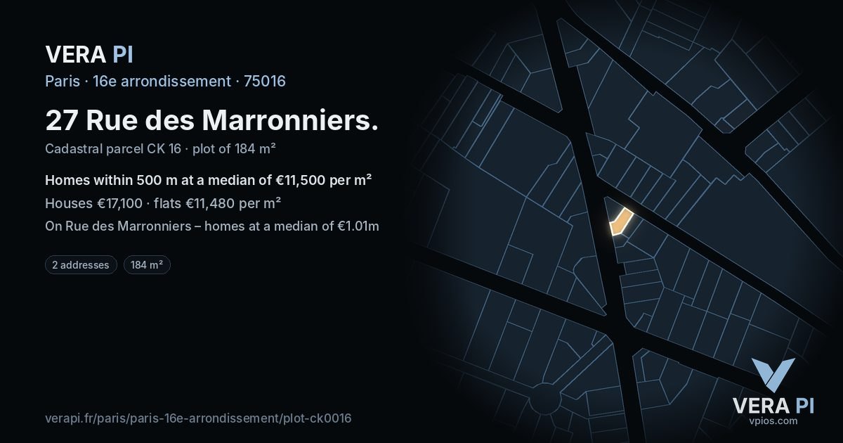 27 Rue des Marronniers, 16e arrondissement at night – the plot lit, the parcels around coloured by the prices near them