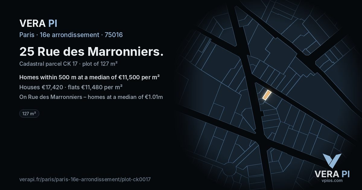 25 Rue des Marronniers, 16e arrondissement at night – the plot lit, the parcels around coloured by the prices near them