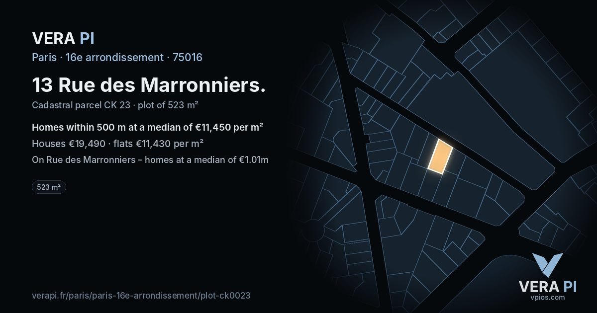 13 Rue des Marronniers, 16e arrondissement at night – the plot lit, the parcels around coloured by the prices near them