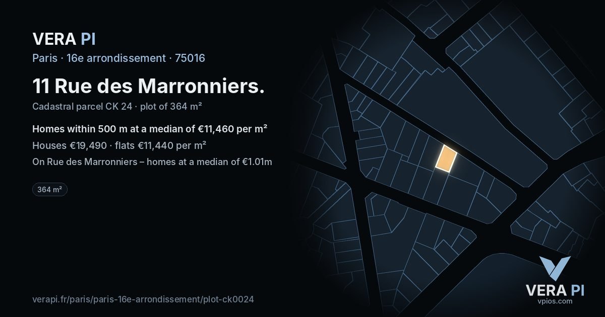 11 Rue des Marronniers, 16e arrondissement at night – the plot lit, the parcels around coloured by the prices near them