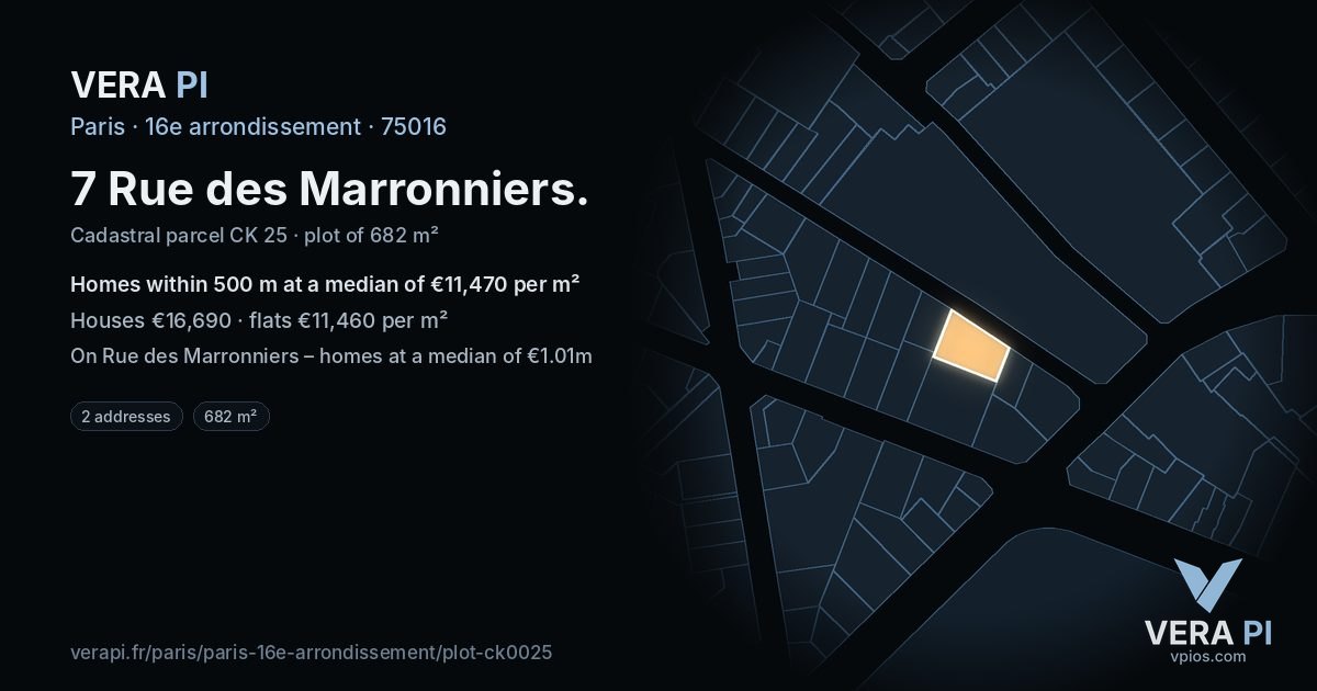 7 Rue des Marronniers, 16e arrondissement at night – the plot lit, the parcels around coloured by the prices near them