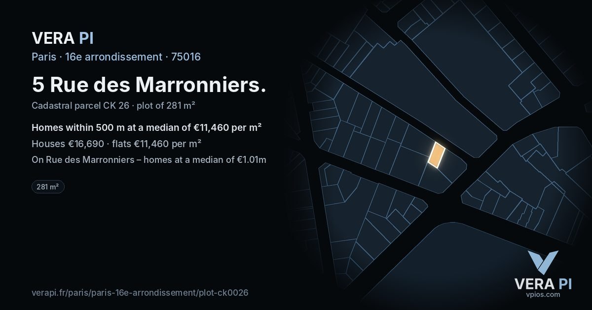 5 Rue des Marronniers, 16e arrondissement at night – the plot lit, the parcels around coloured by the prices near them