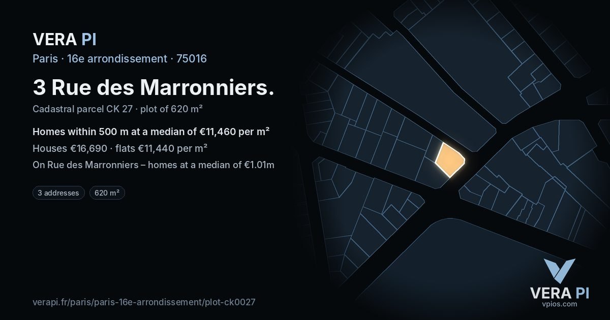 3 Rue des Marronniers, 16e arrondissement at night – the plot lit, the parcels around coloured by the prices near them