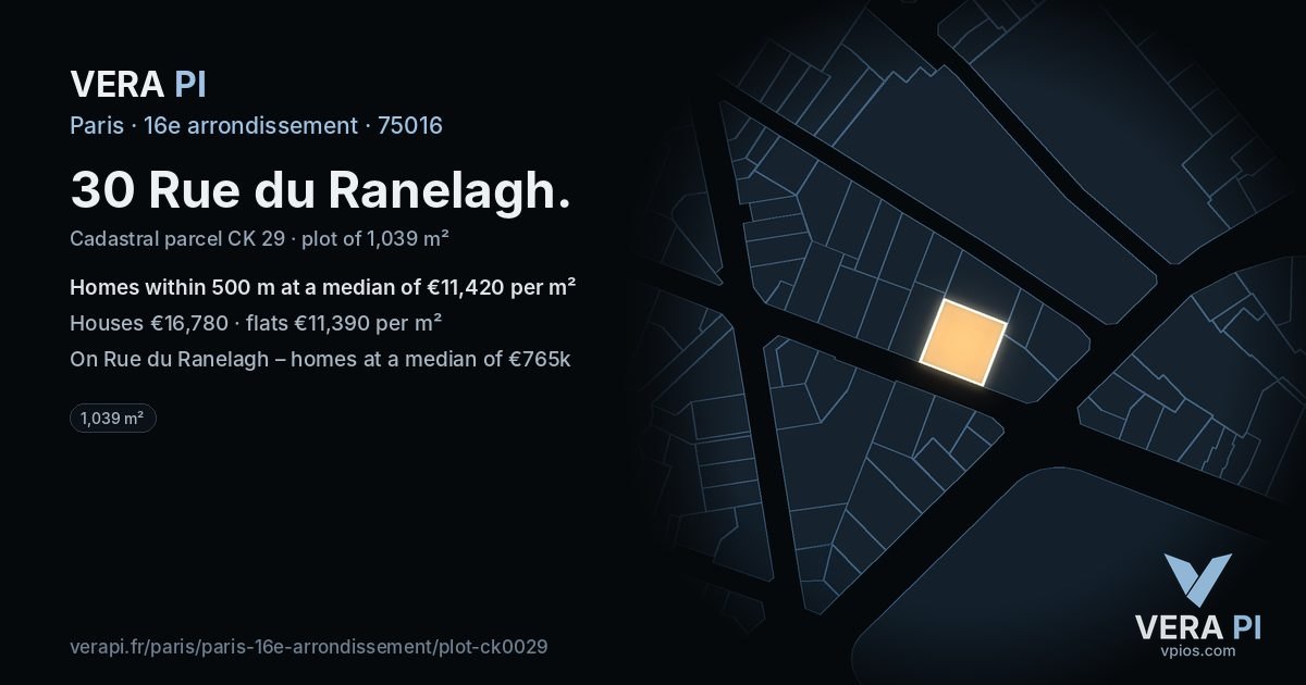 30 Rue du Ranelagh, 16e arrondissement at night – the plot lit, the parcels around coloured by the prices near them