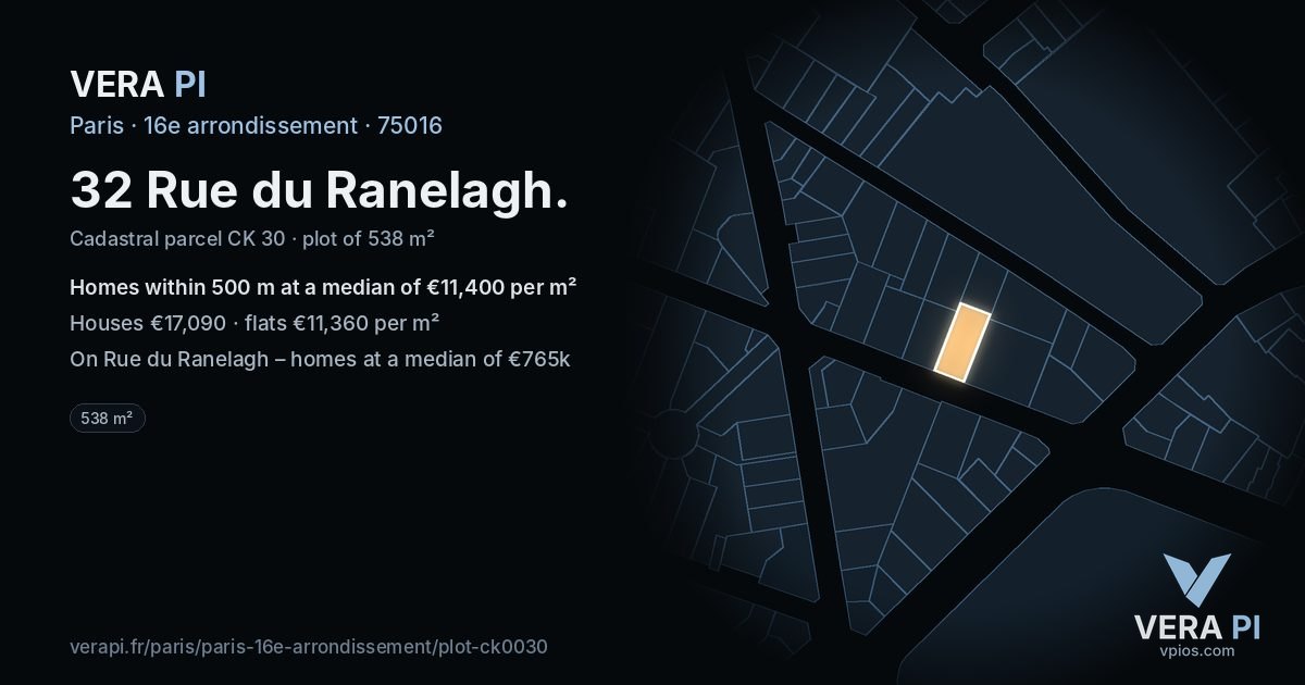32 Rue du Ranelagh, 16e arrondissement at night – the plot lit, the parcels around coloured by the prices near them