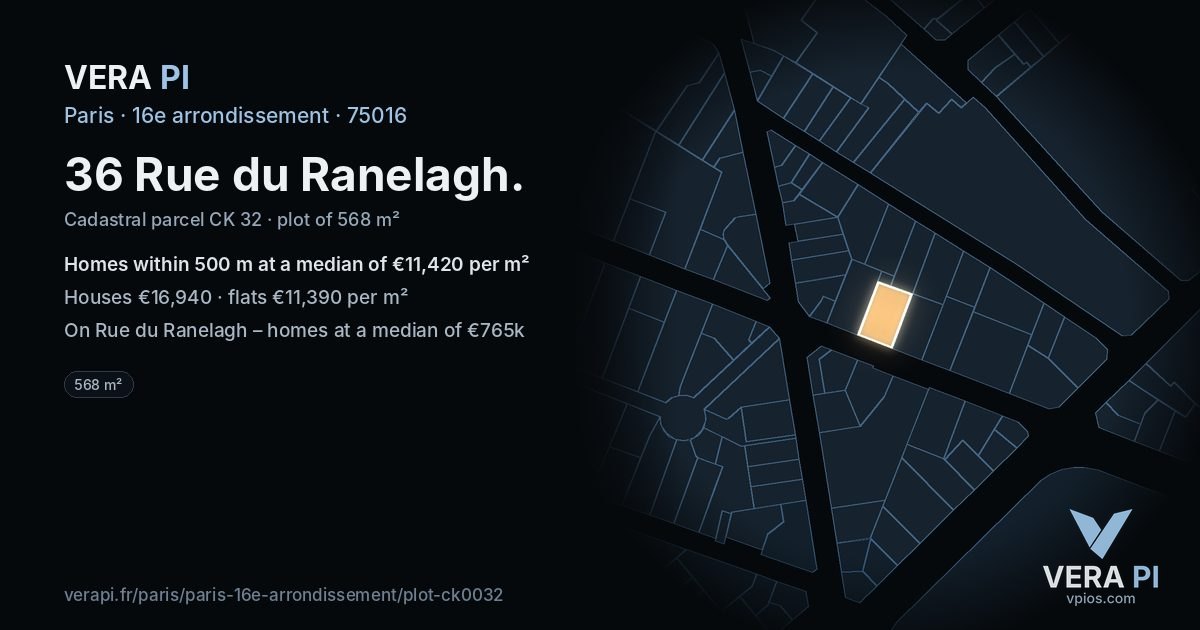 36 Rue du Ranelagh, 16e arrondissement at night – the plot lit, the parcels around coloured by the prices near them