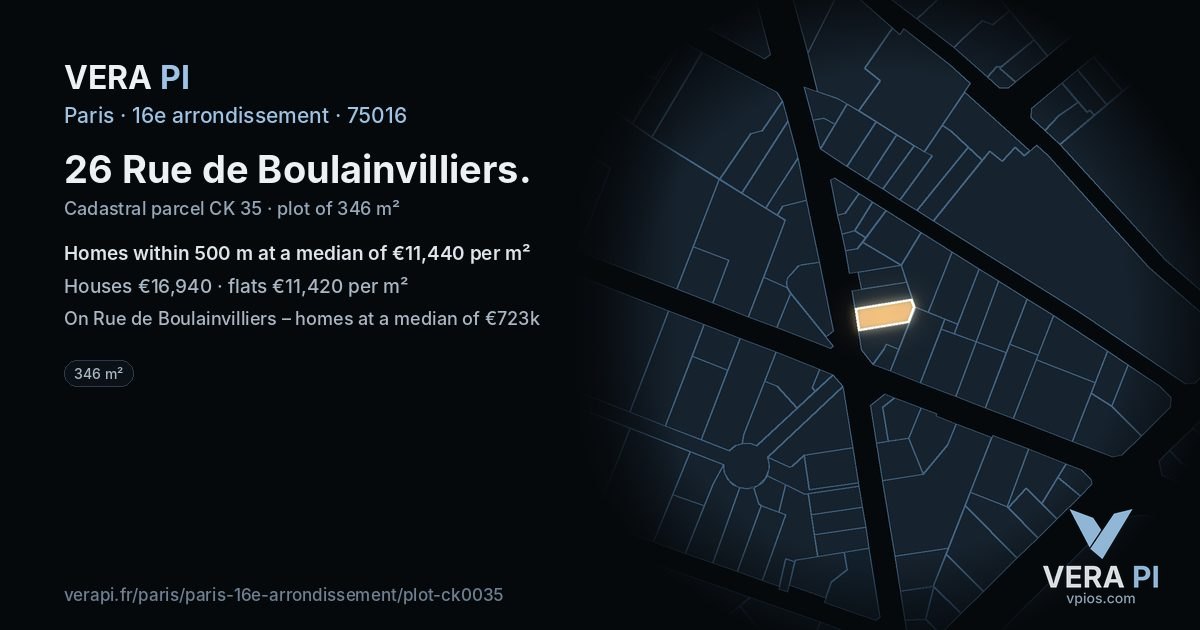26 Rue de Boulainvilliers, 16e arrondissement at night – the plot lit, the parcels around coloured by the prices near them