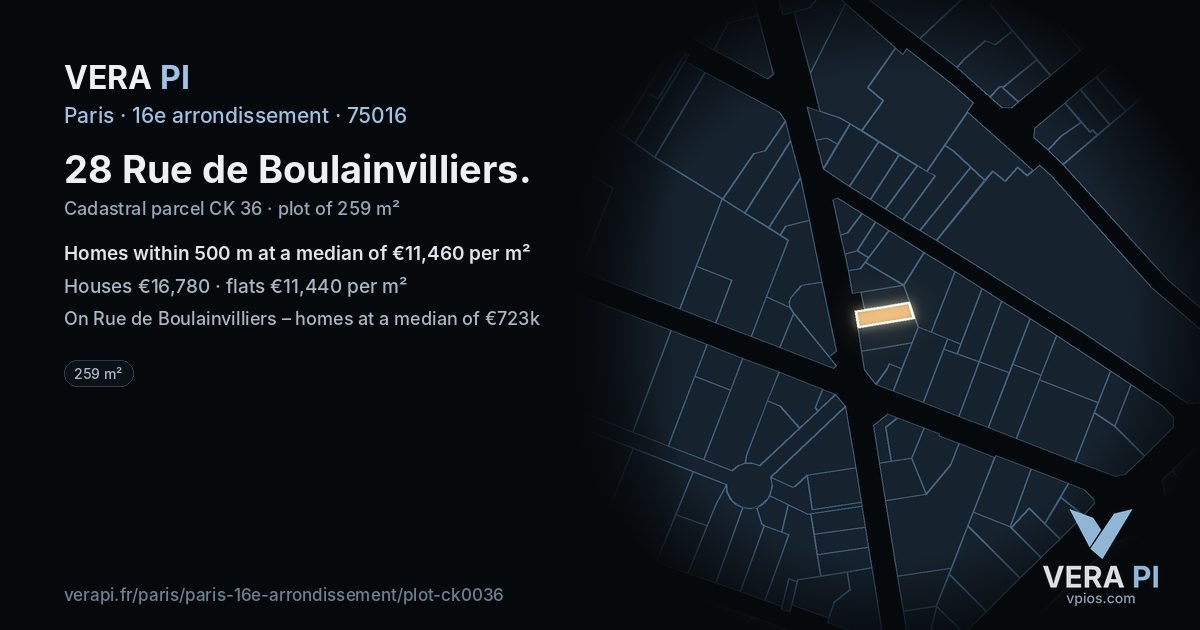 28 Rue de Boulainvilliers, 16e arrondissement at night – the plot lit, the parcels around coloured by the prices near them