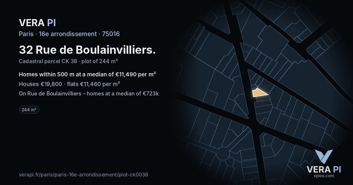 32 Rue de Boulainvilliers, 16e arrondissement at night – the plot lit, the parcels around coloured by the prices near them