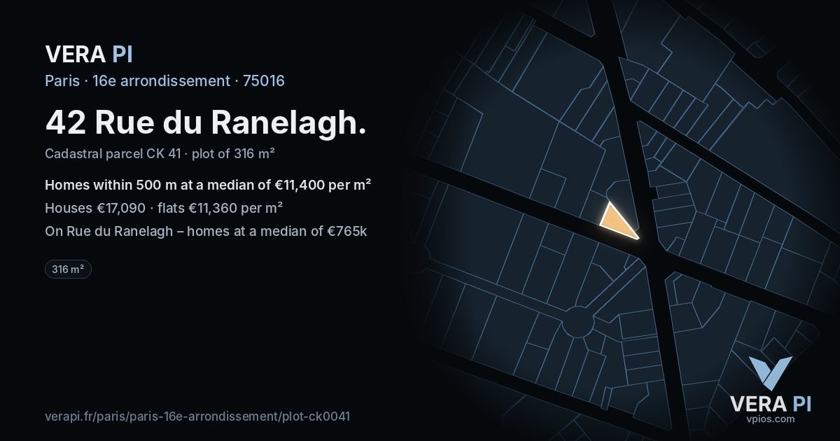 42 Rue du Ranelagh, 16e arrondissement at night – the plot lit, the parcels around coloured by the prices near them