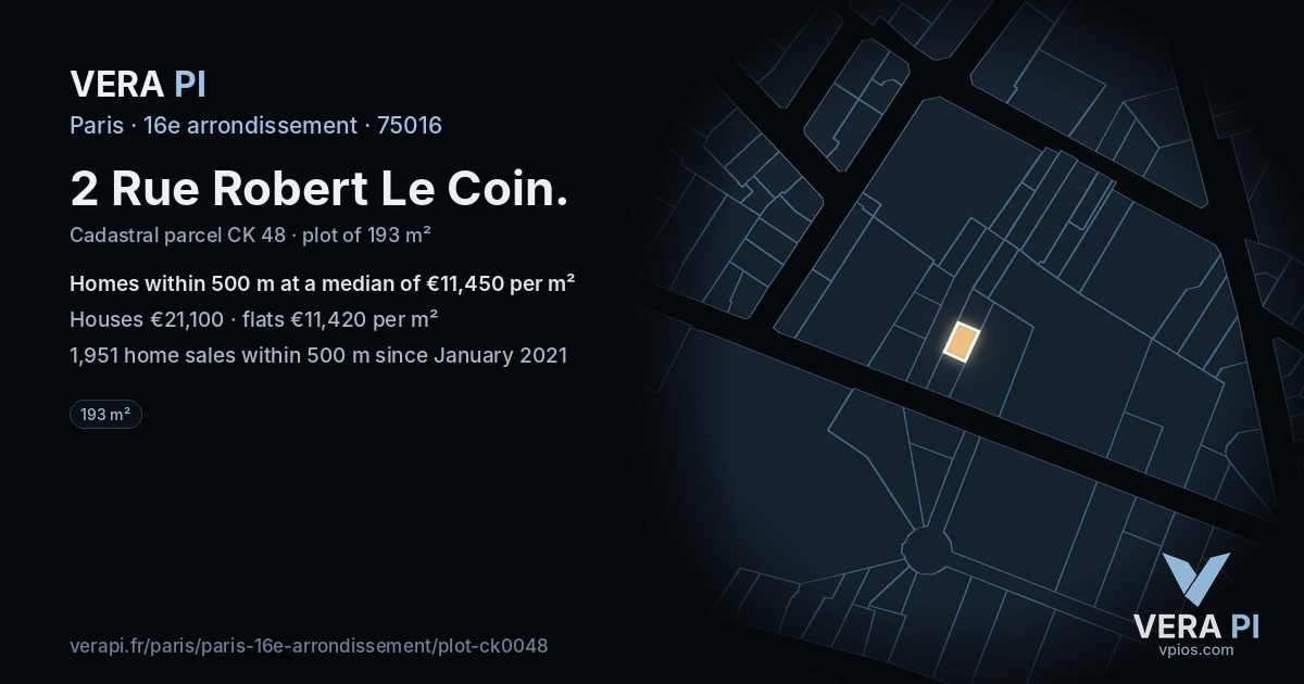 2 Rue Robert Le Coin, 16e arrondissement at night – the plot lit, the parcels around coloured by the prices near them