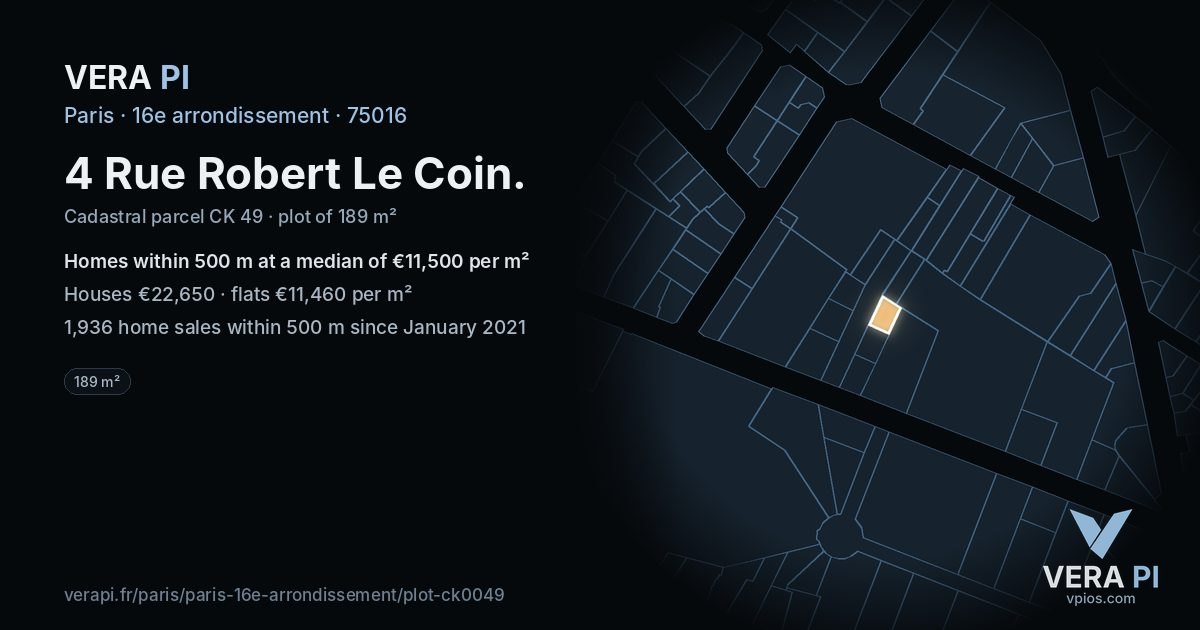 4 Rue Robert Le Coin, 16e arrondissement at night – the plot lit, the parcels around coloured by the prices near them