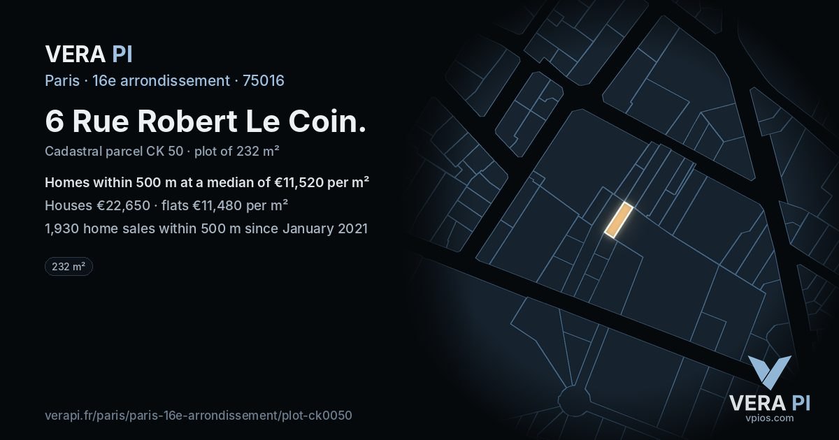 6 Rue Robert Le Coin, 16e arrondissement at night – the plot lit, the parcels around coloured by the prices near them