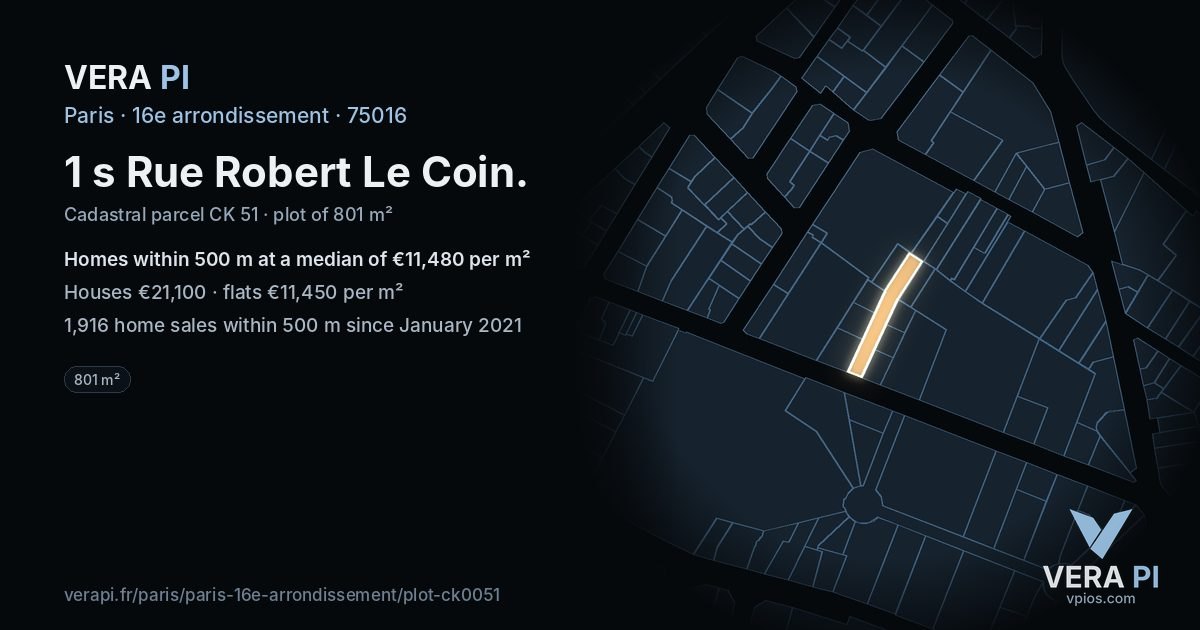 1 s Rue Robert Le Coin, 16e arrondissement at night – the plot lit, the parcels around coloured by the prices near them