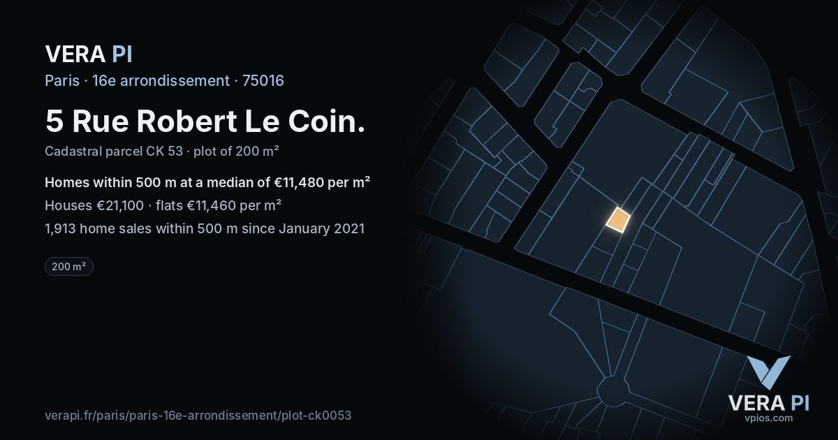 5 Rue Robert Le Coin, 16e arrondissement at night – the plot lit, the parcels around coloured by the prices near them