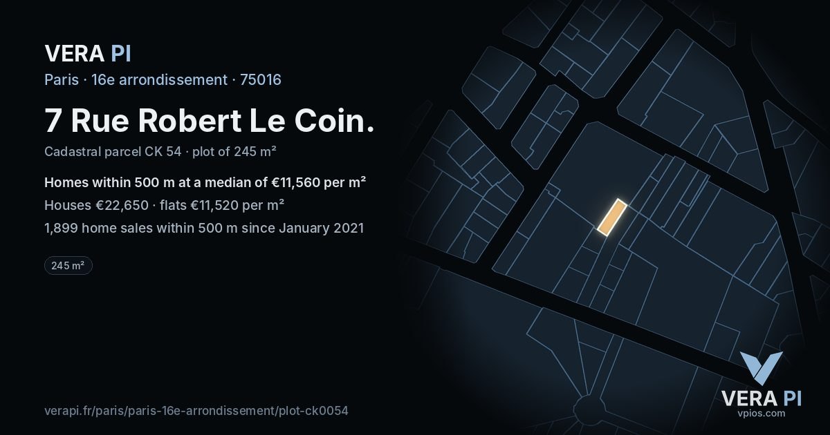 7 Rue Robert Le Coin, 16e arrondissement at night – the plot lit, the parcels around coloured by the prices near them