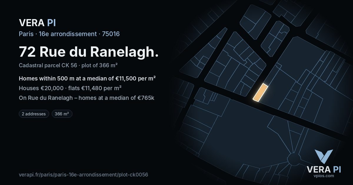 72 Rue du Ranelagh, 16e arrondissement at night – the plot lit, the parcels around coloured by the prices near them
