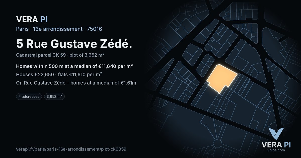 5 Rue Gustave Zédé, 16e arrondissement at night – the plot lit, the parcels around coloured by the prices near them